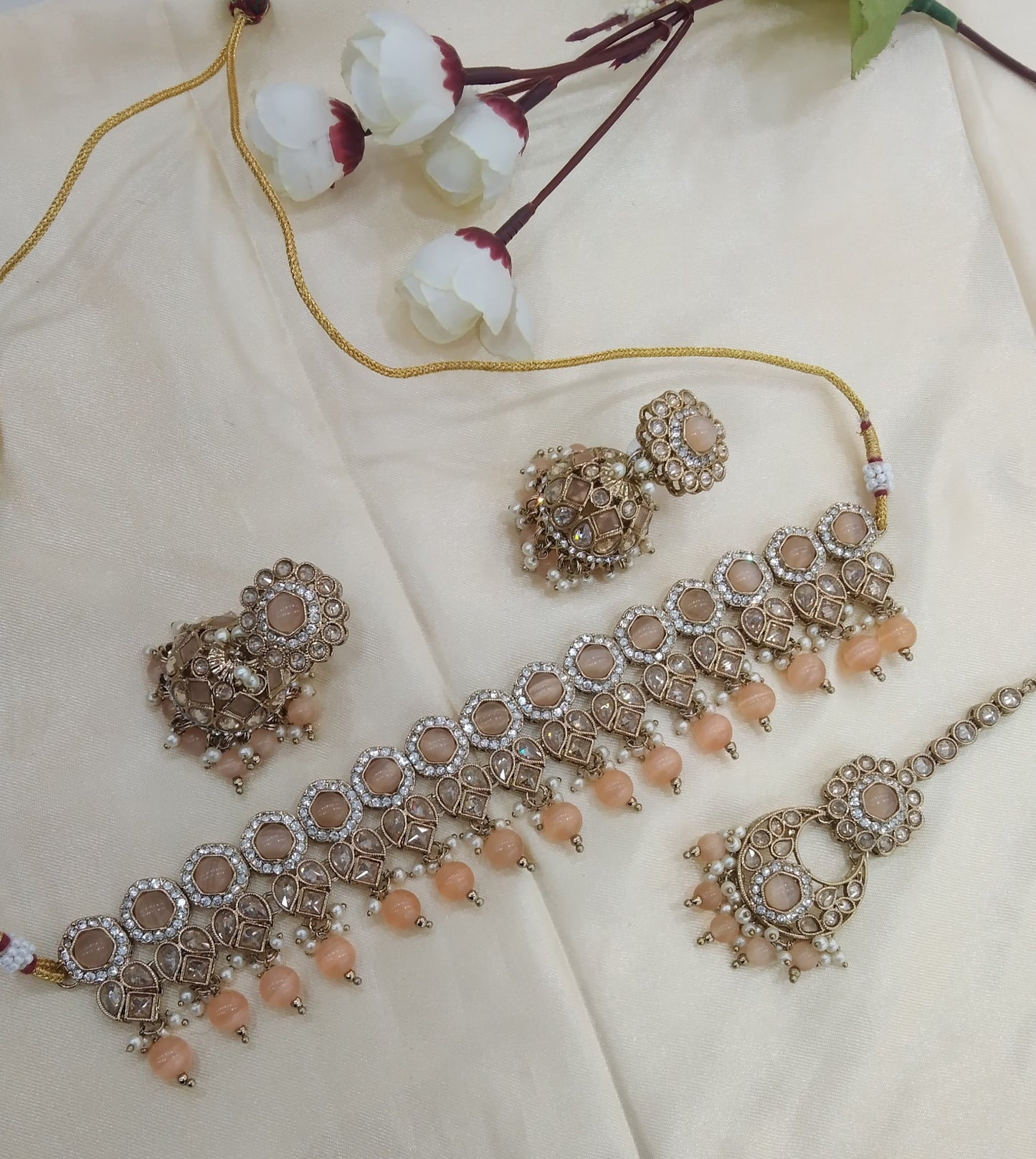 Peach Choker Indian Malika jewellery set