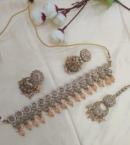 Peach Choker Indian Malika jewellery set