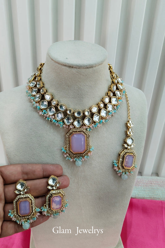 Sea Green Pink Kundan Necklace Indian Jewelry Legend Set