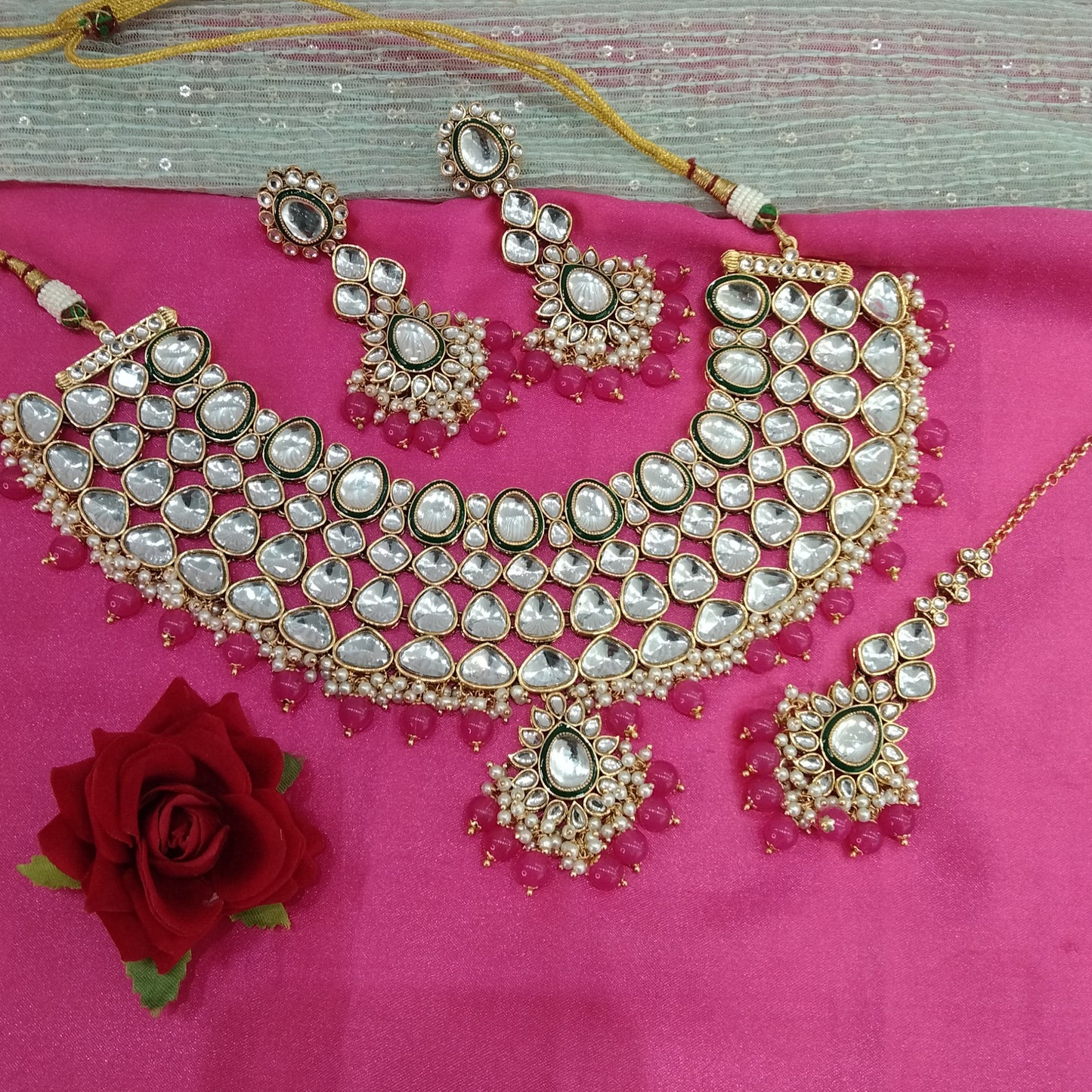 Dark Pink Kundan Necklace Indian Jewelry Lite Set