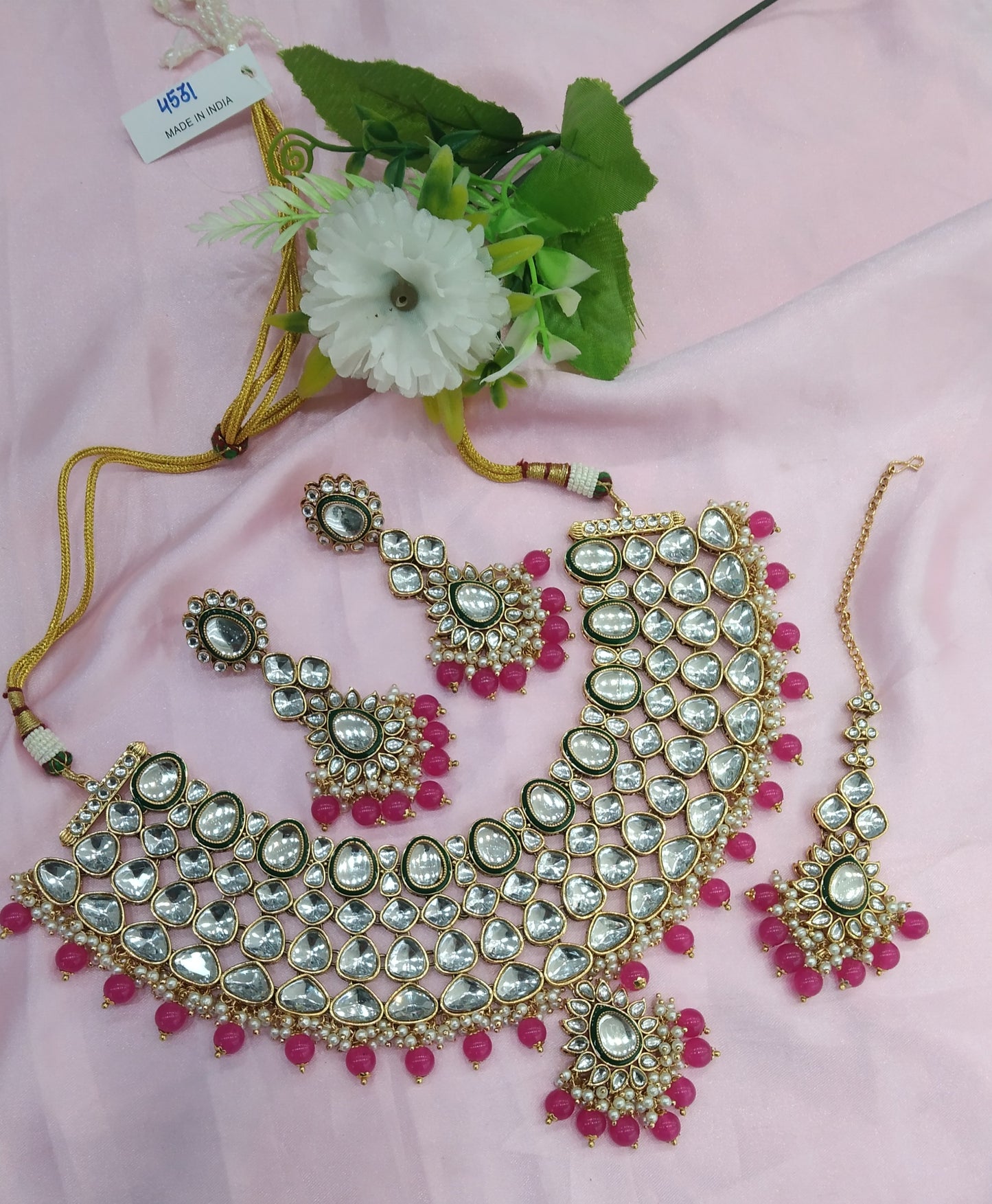 Dark Pink Kundan Necklace Indian Jewelry Lite Set