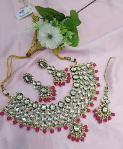 Dark Pink Kundan Necklace Indian Jewelry Lite Set