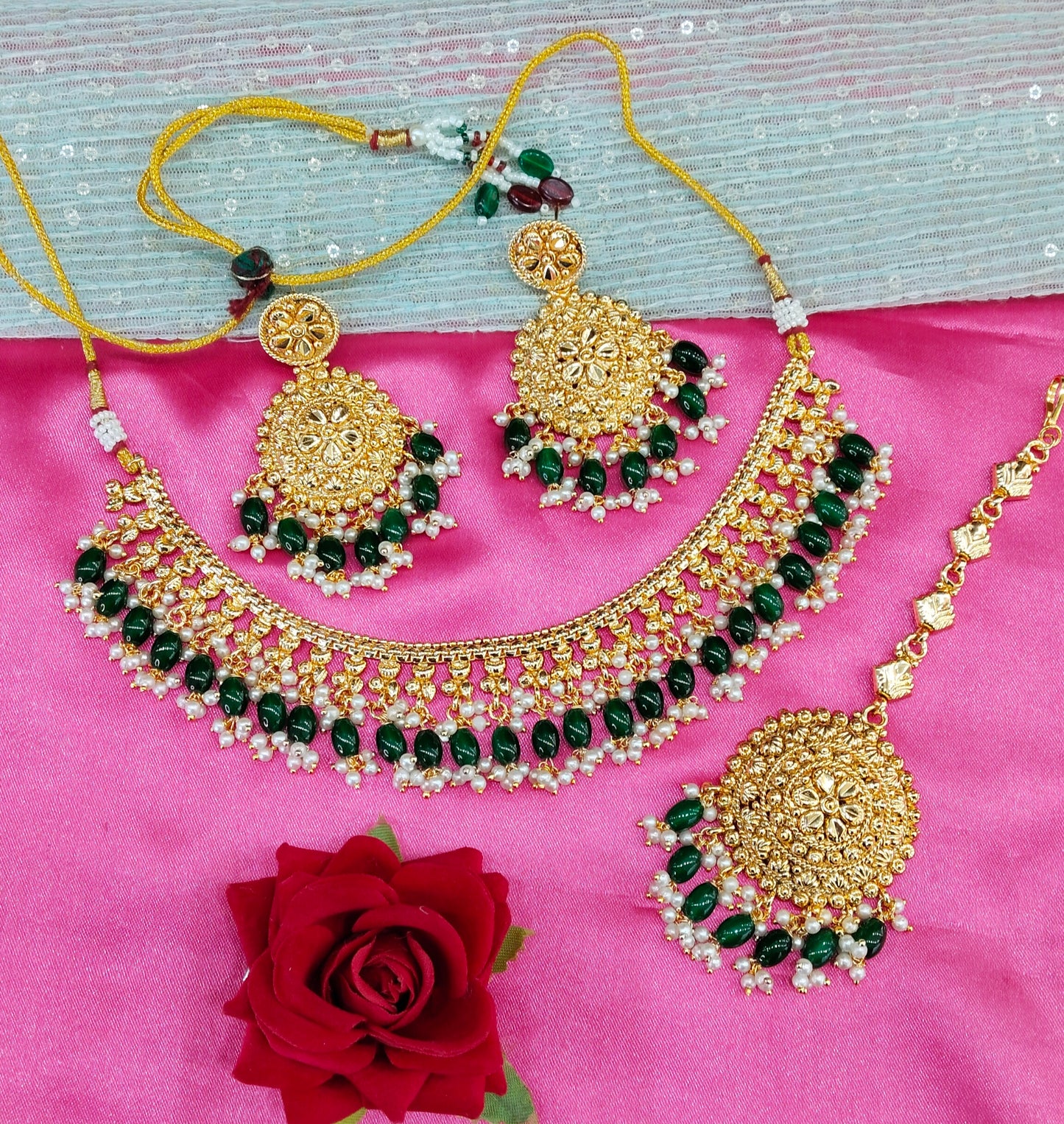 Green Gold Look Punjabi Style Necklace Indian Jewellery Asha Set