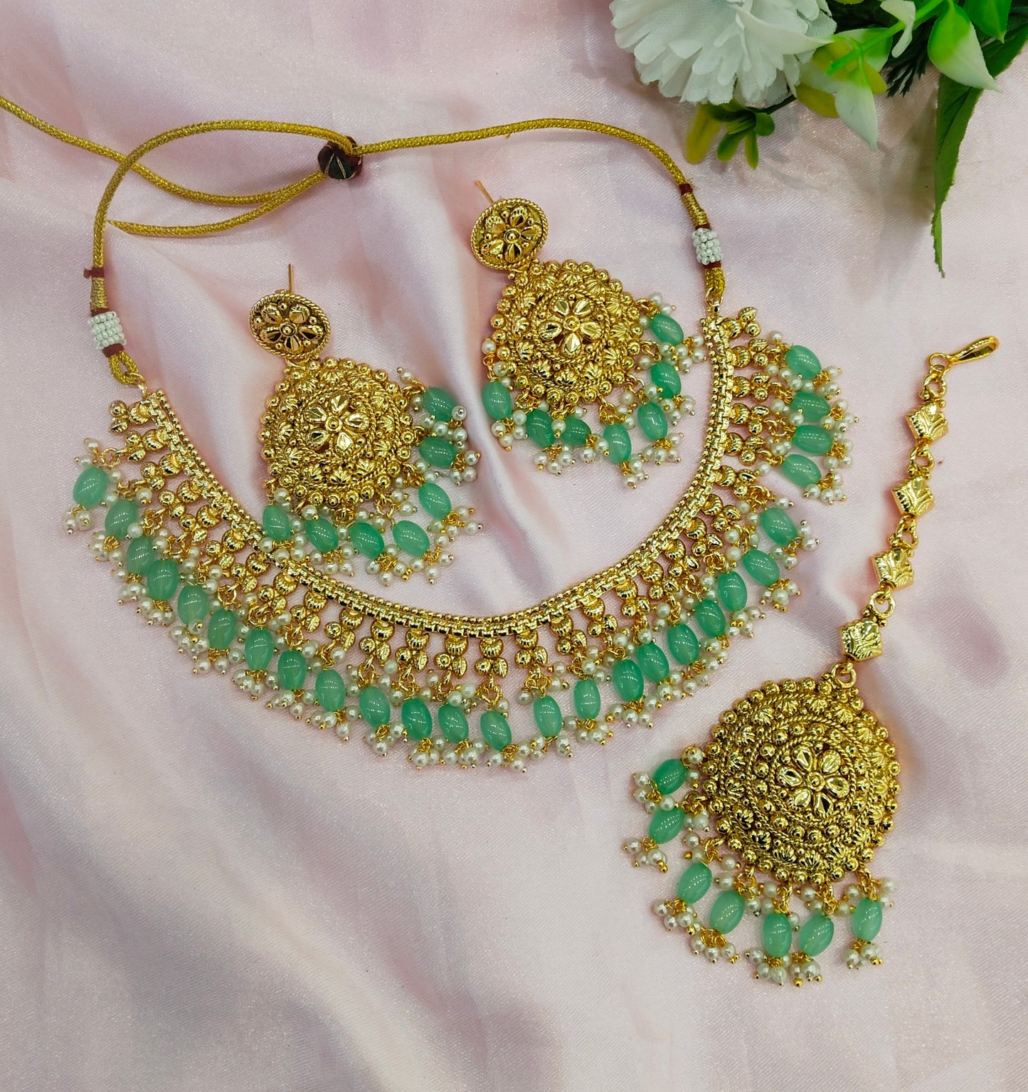 Sage Green Gold Look Punjabi Style Necklace Indian Jewellery Asha Set