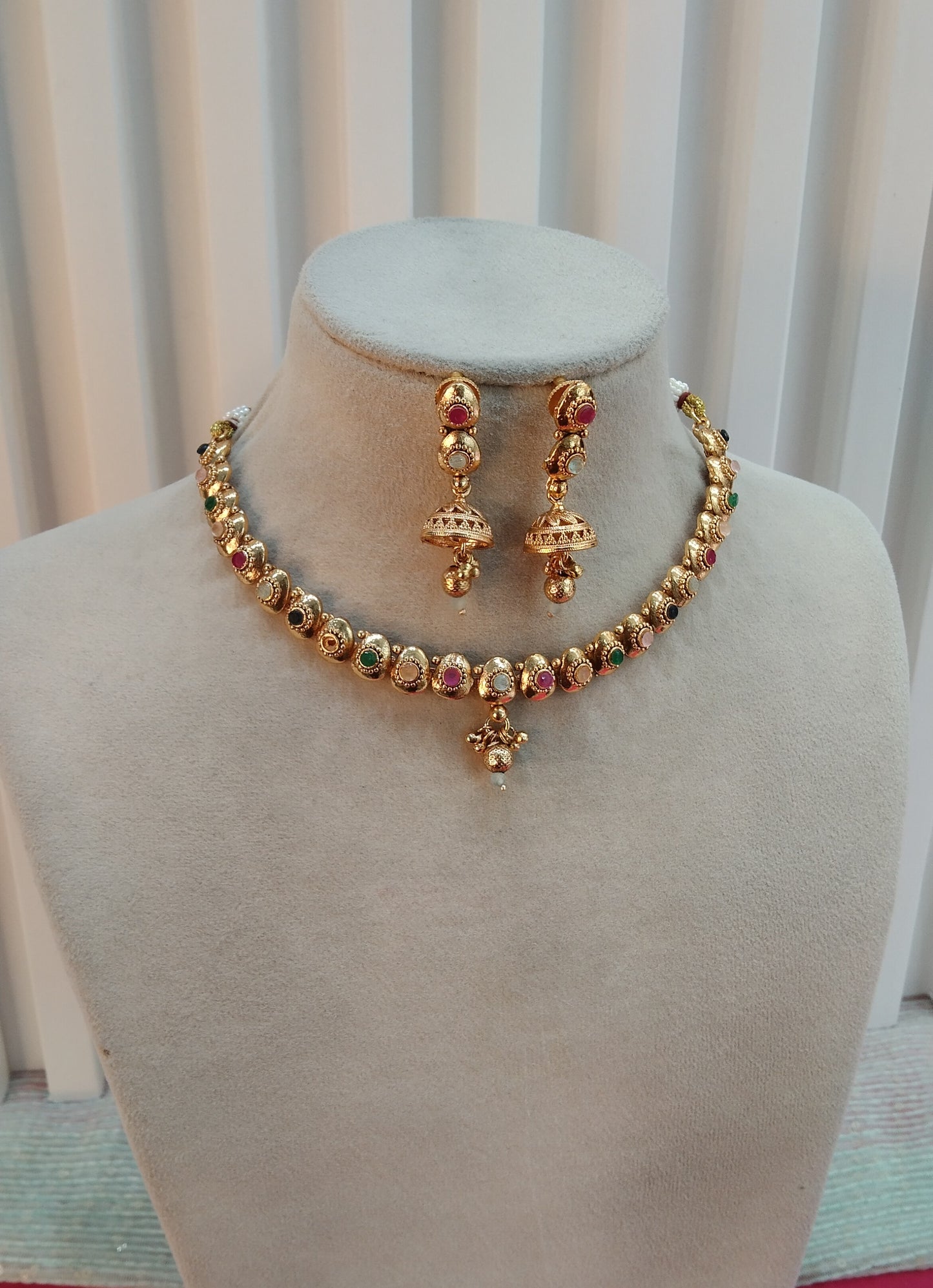 Multi Color Gold Polki Jhumki Necklace Indian Jewellery Delta Set