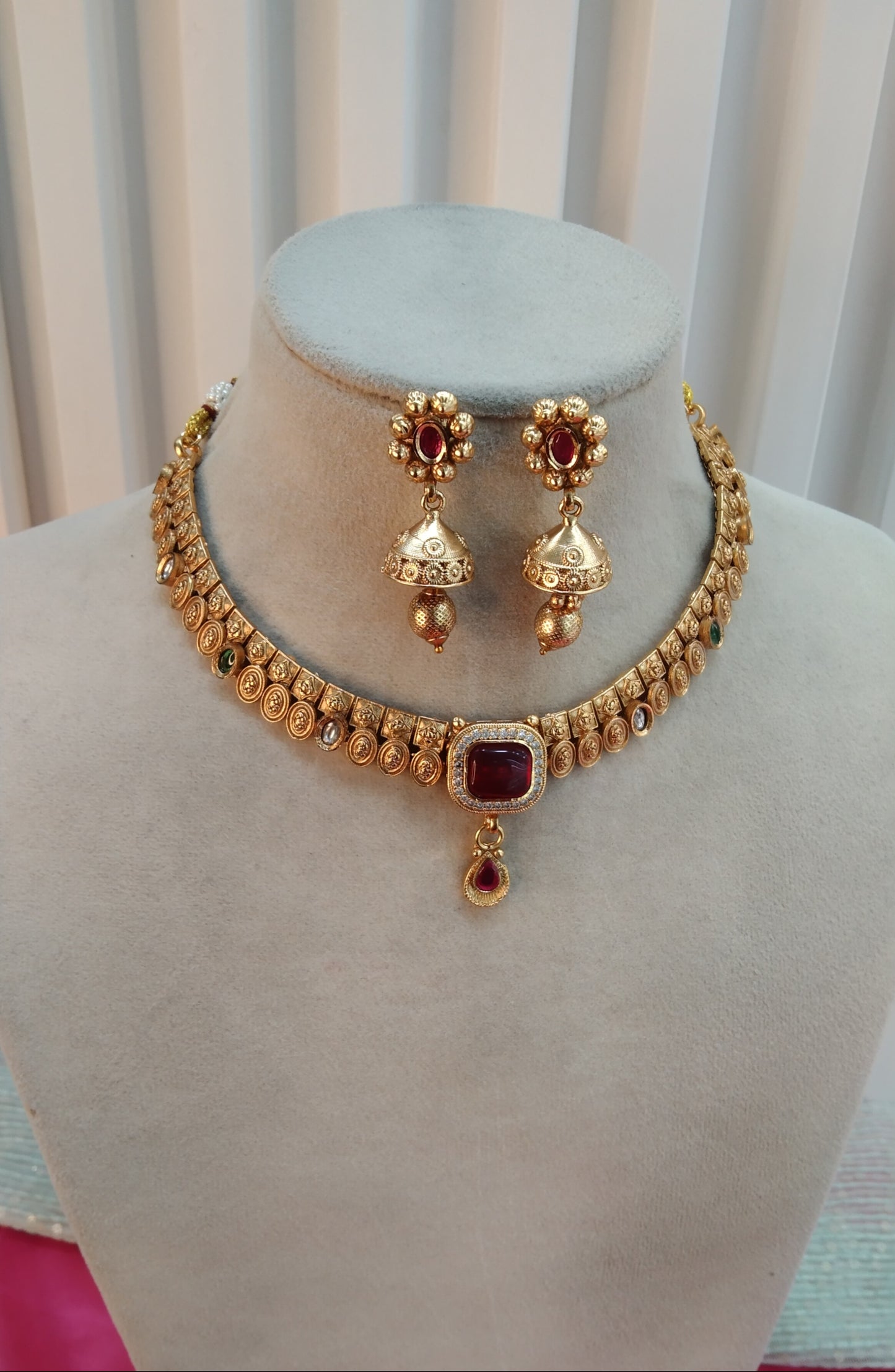 Ruby Green Gold Polki Jhumki Necklace Indian Jewellery Delta Set