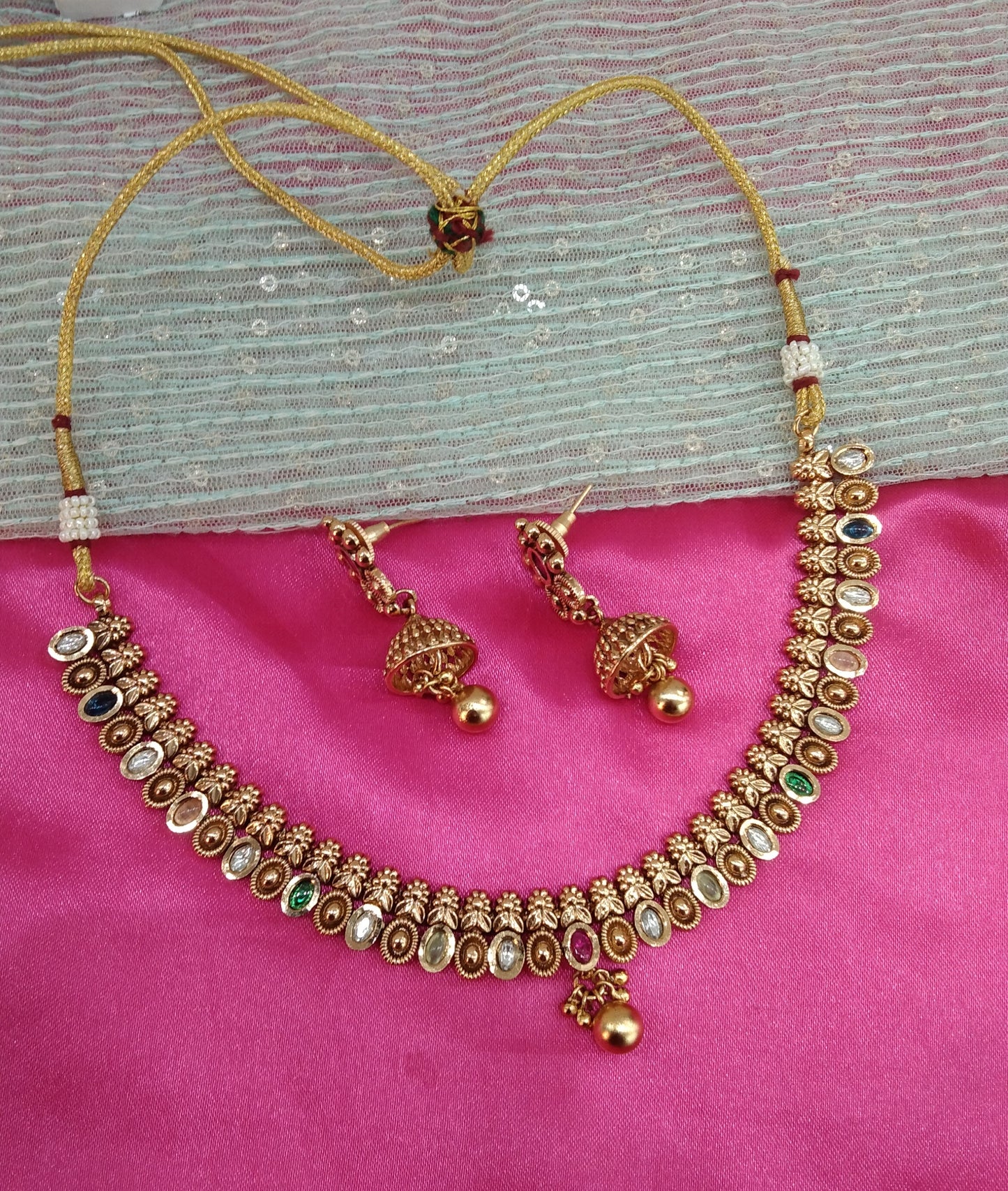 Multi color Gold Polki Jhumki Necklace Indian Jewellery Delta Set