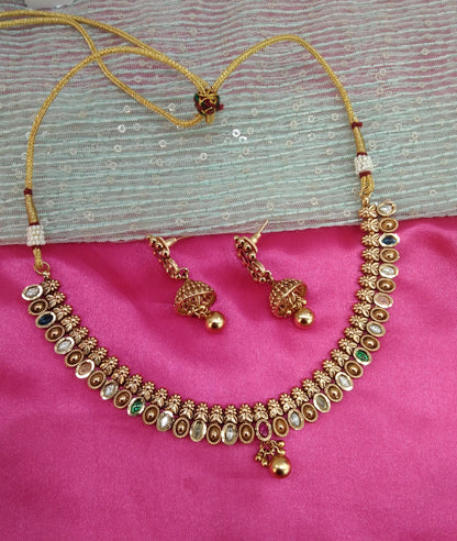 Multi color Gold Polki Jhumki Necklace Indian Jewellery Delta Set