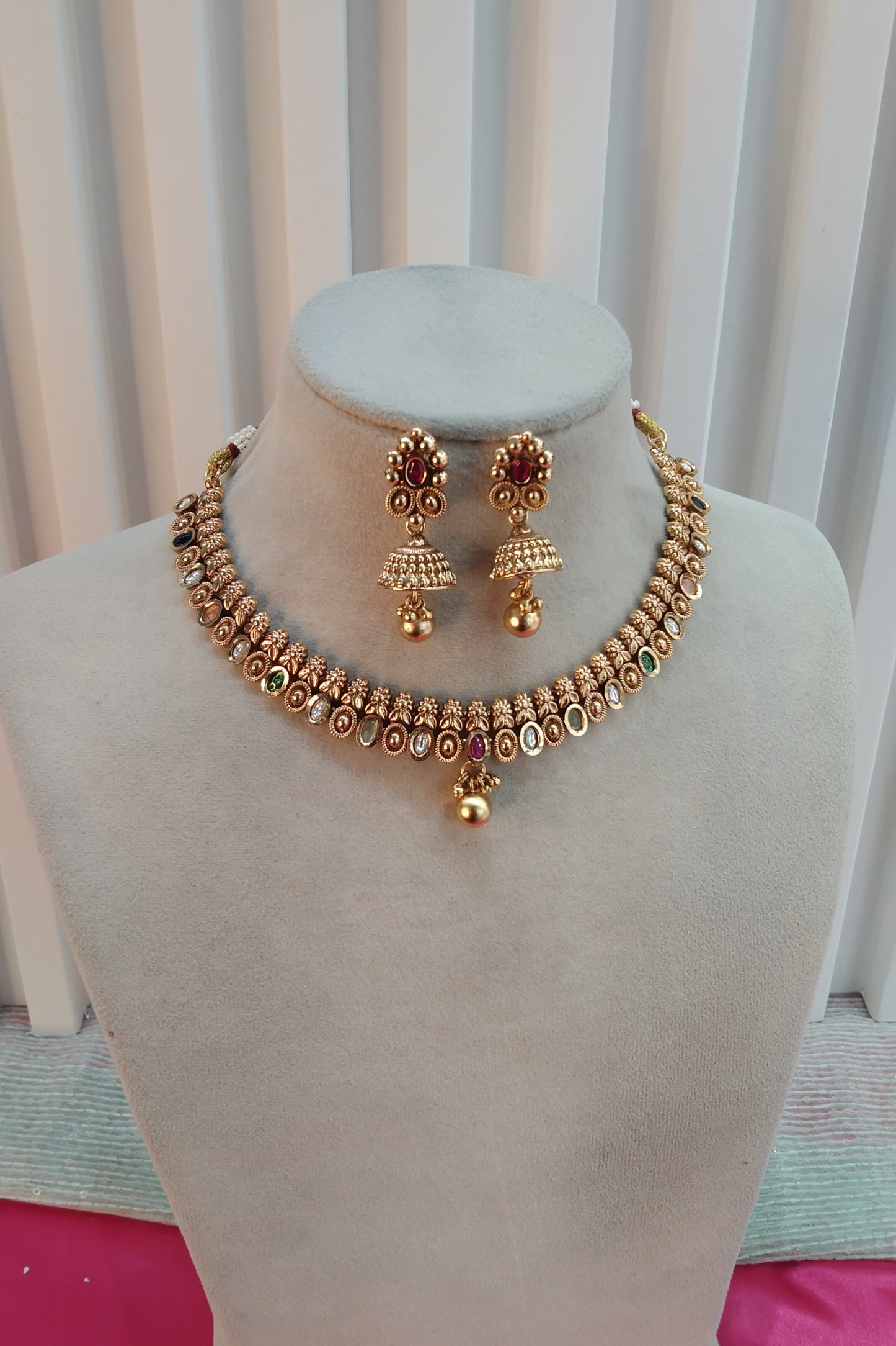 Multi color Gold Polki Jhumki Necklace Indian Jewellery Delta Set