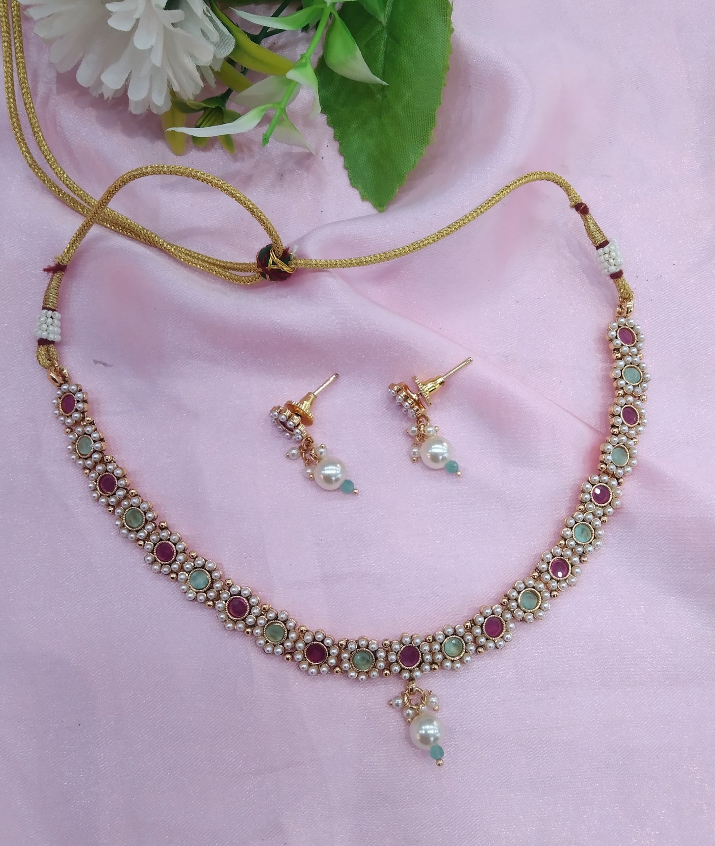 Ruby Pastel Gold Polki Necklace Indian Jewellery Delta Set
