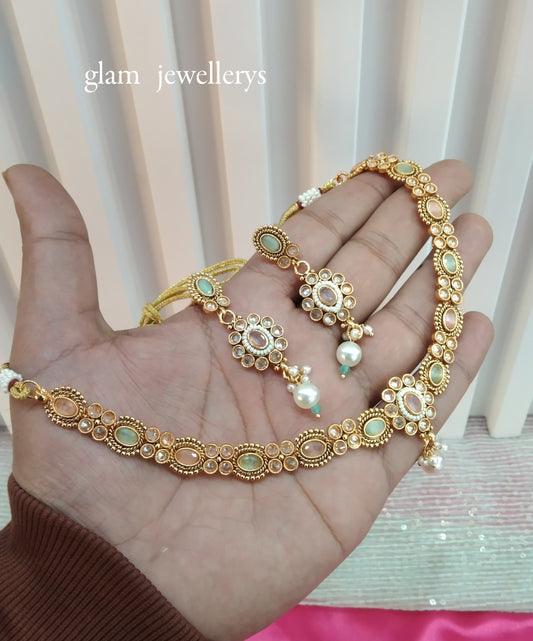 Pastel Peach Gold Polki Necklace Indian Jewellery Delta Set