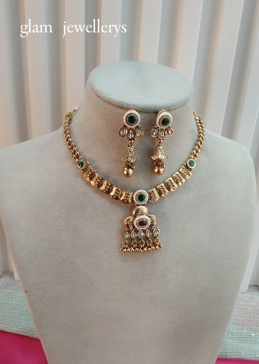 Ruby Green Gold Polki Jhumki Necklace Indian Jewellery Delta Set
