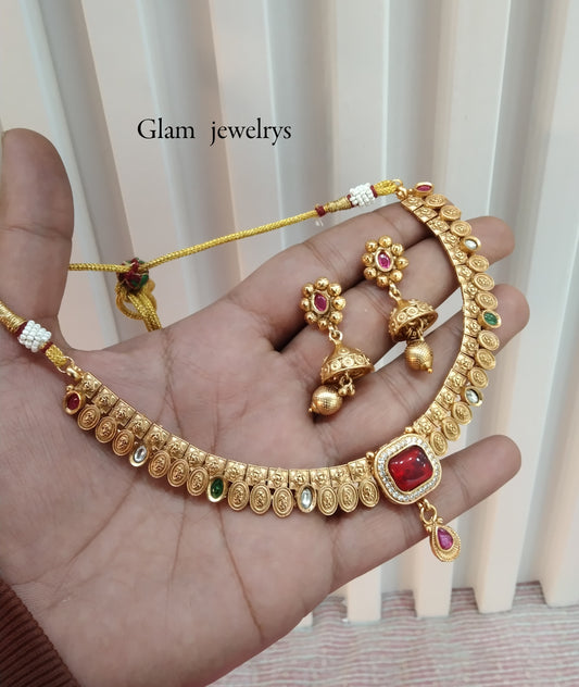 Ruby Green Gold Polki Jhumki Necklace Indian Jewellery Delta Set