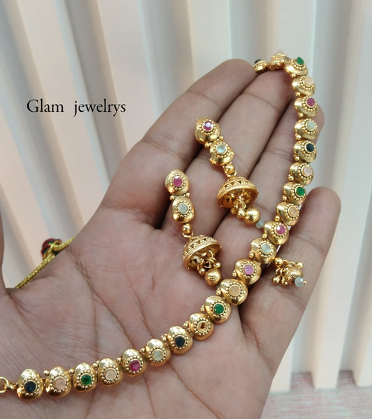 Multi Color Gold Polki Jhumki Necklace Indian Jewellery Delta Set