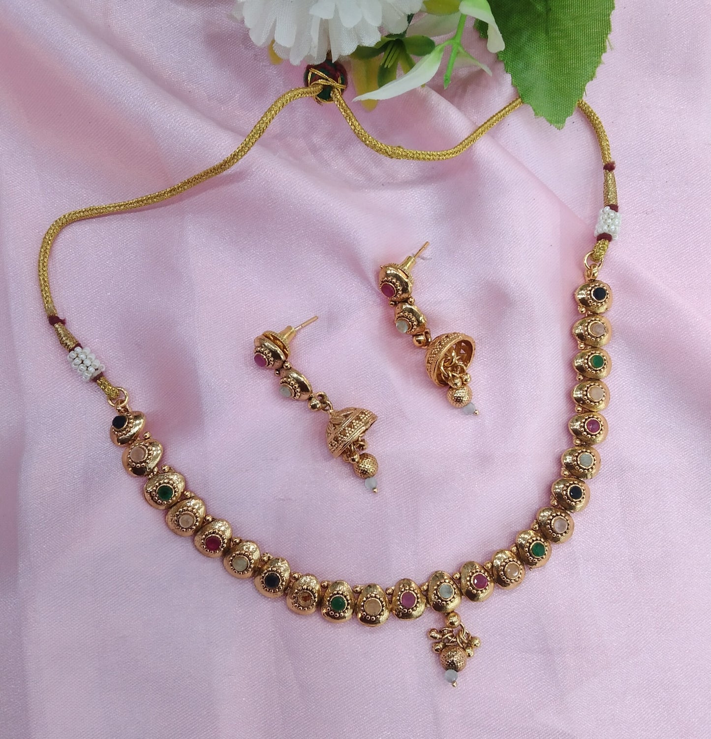 Multi Color Gold Polki Jhumki Necklace Indian Jewellery Delta Set
