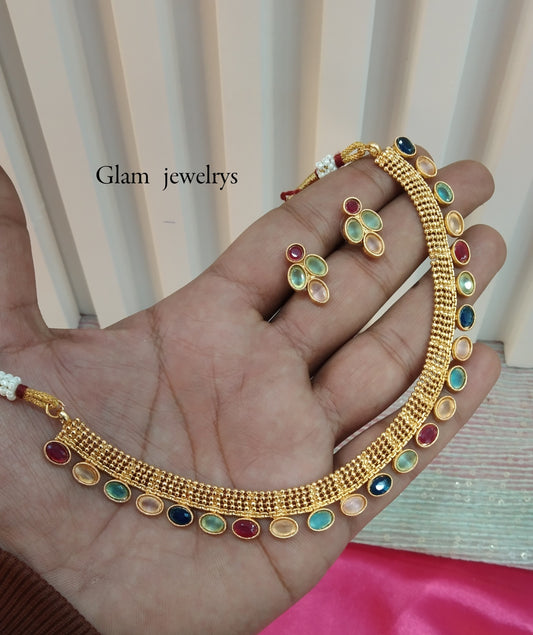 Multi Color Gold Polki Necklace Indian Jewellery Delta Set