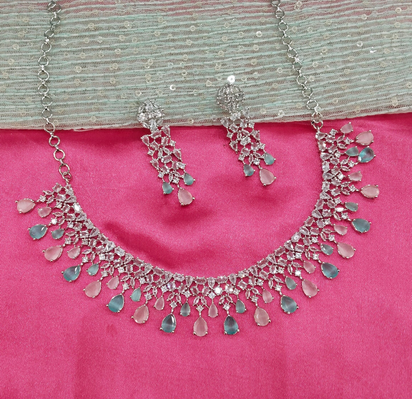 Sea Green Pink CZ Silver Necklace Indian Jewellery Auj Set