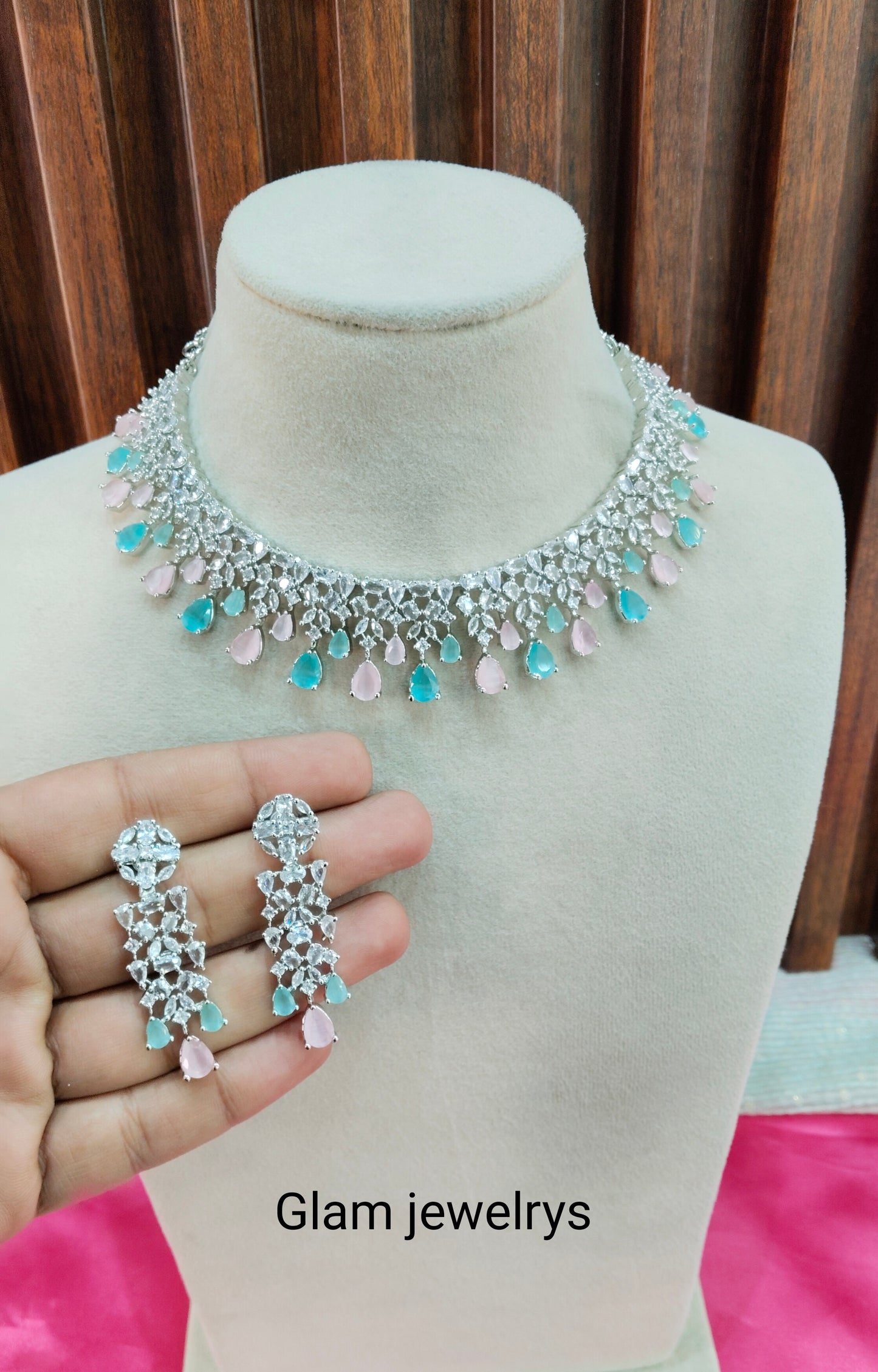 Sea Green Pink CZ Silver Necklace Indian Jewellery Auj Set