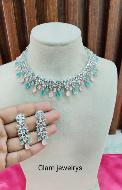 Sea Green Pink CZ Silver Necklace Indian Jewellery Auj Set