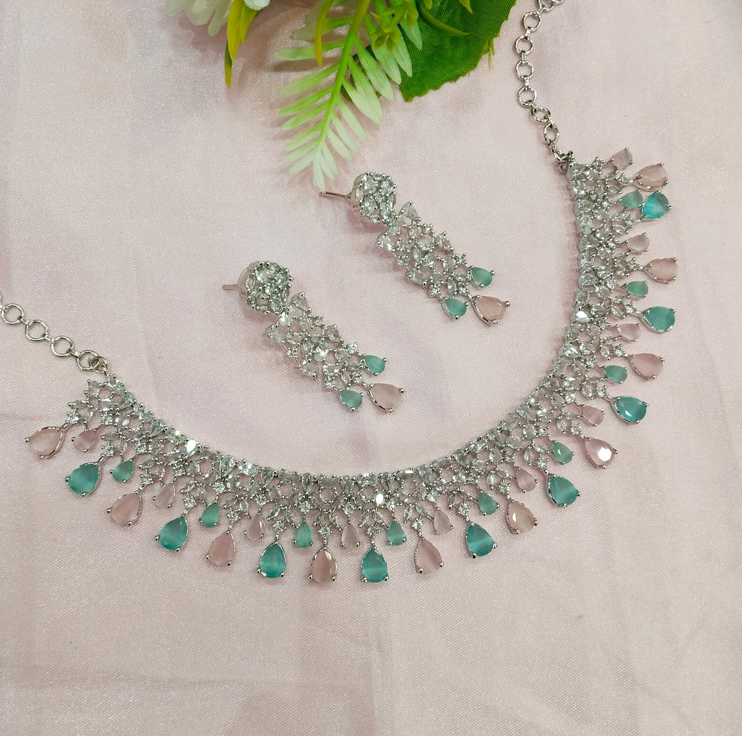 Sea Green Pink CZ Silver Necklace Indian Jewellery Auj Set