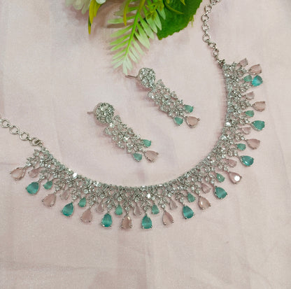 Sea Green Pink CZ Silver Necklace Indian Jewellery Auj Set