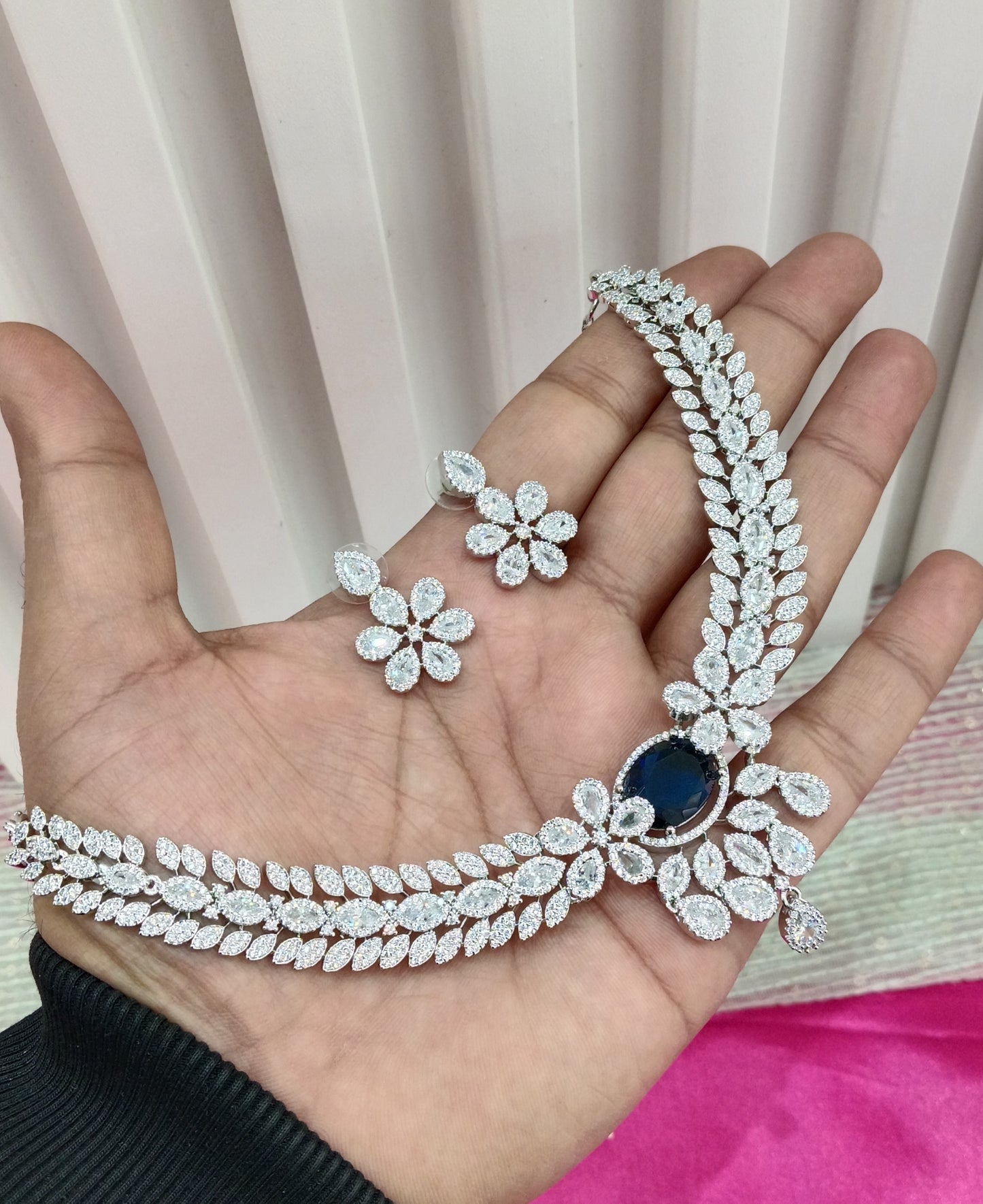 Silver Blue American Diamond CZ Necklace Daljit Set