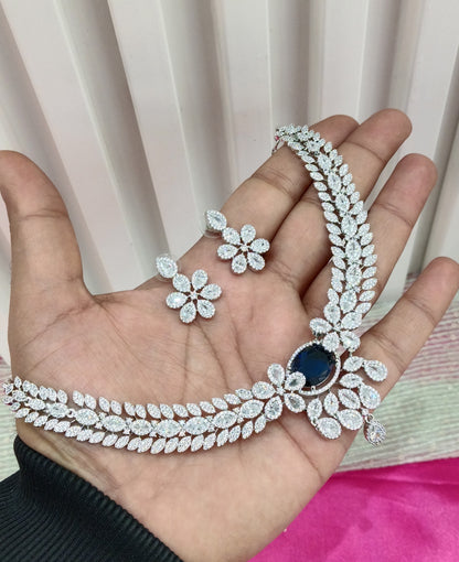 Silver Blue American Diamond CZ Necklace Daljit Set