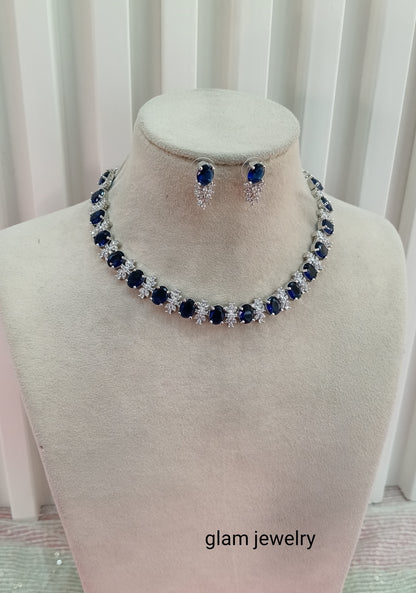 Silver Blue American Diamond CZ Necklace Aujla Set