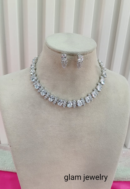 Silver Clear American Diamond CZ Necklace Aujla Set
