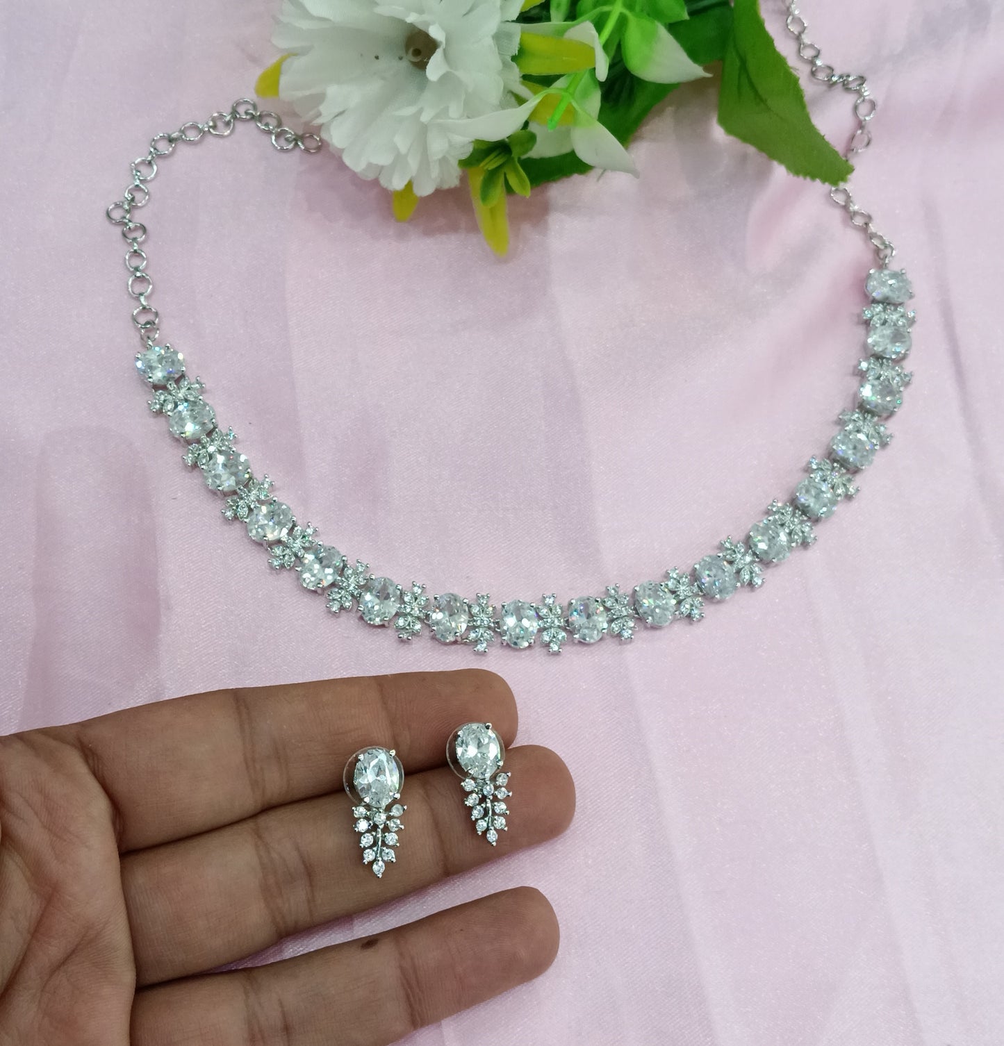 Silver Clear American Diamond CZ Necklace Aujla Set