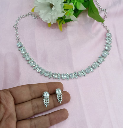 Silver Clear American Diamond CZ Necklace Aujla Set