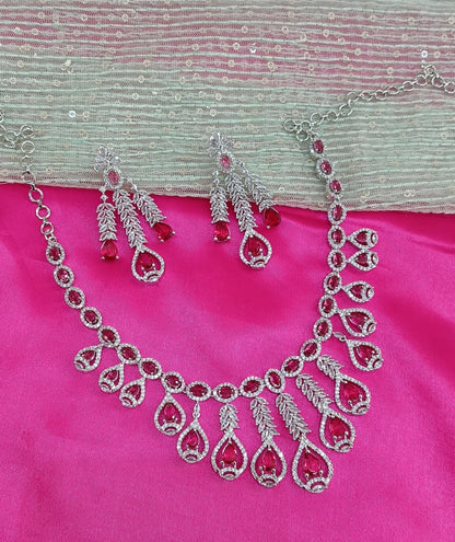 Silver Ruby American Diamond CZ Necklace Micki Set