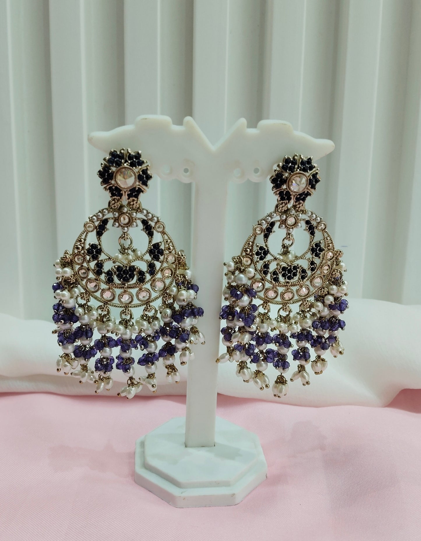 Lavender Antique Gold Chandbali Bollywood Indian Earrings Lila Set