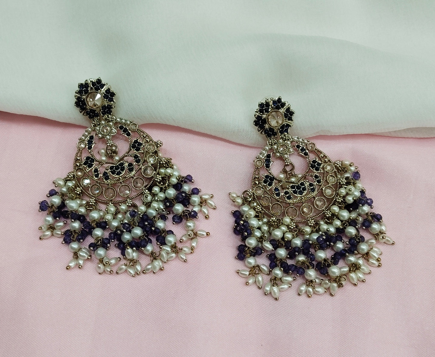 Lavender Antique Gold Chandbali Bollywood Indian Earrings Lila Set