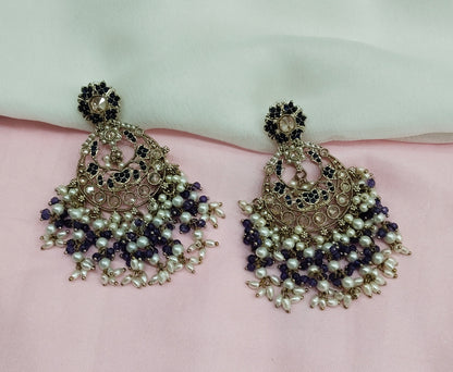 Lavender Antique Gold Chandbali Bollywood Indian Earrings Lila Set