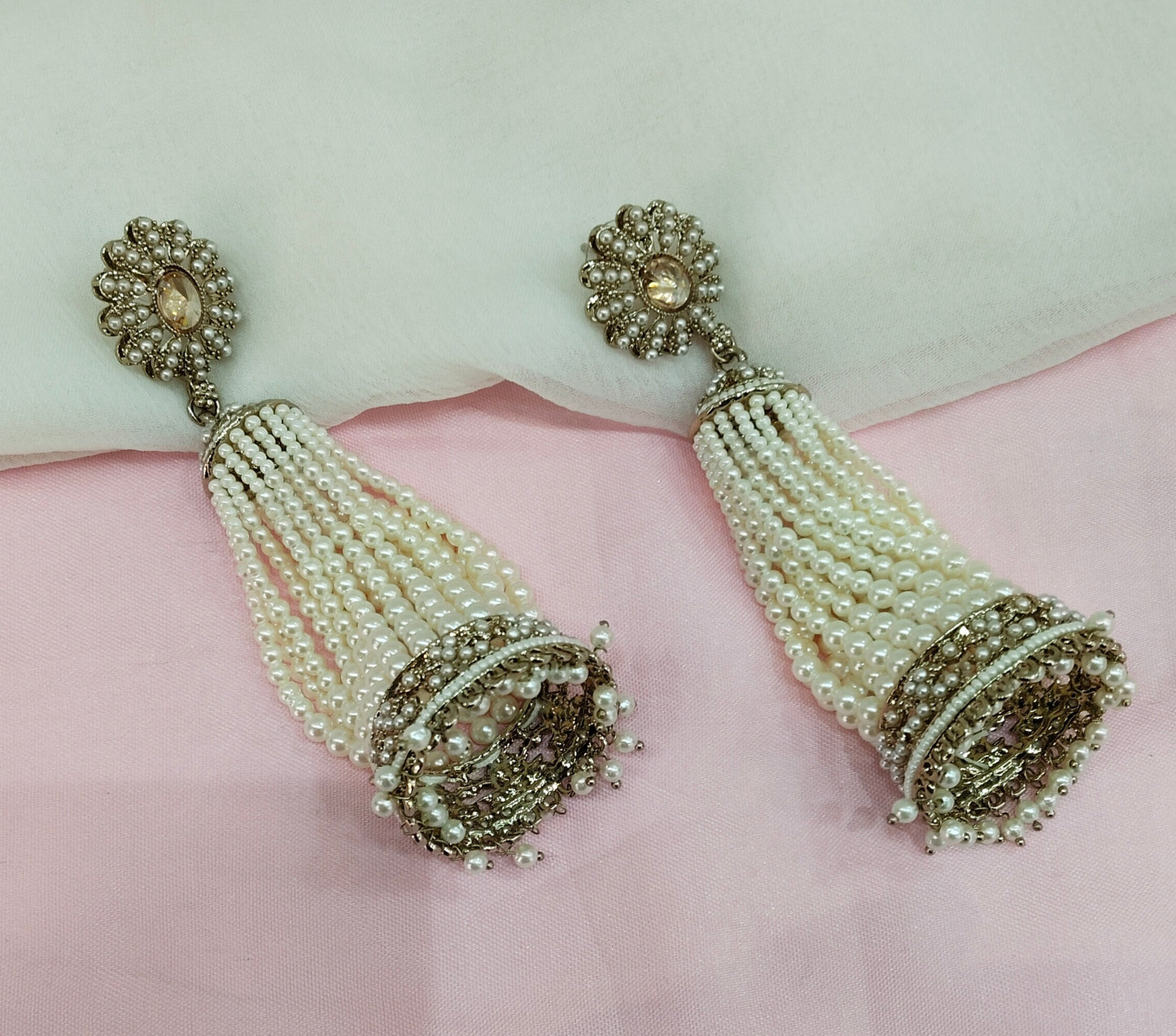 White Antique Gold Bollywood Indian Earrings Paavni Set