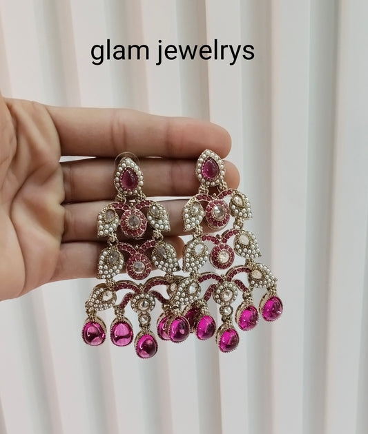 Purple Antique Gold Bollywood Indian Earrings Rava Set