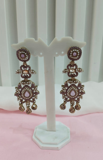 Lavender Antique Gold Bollywood Indian Earrings Nahar Set