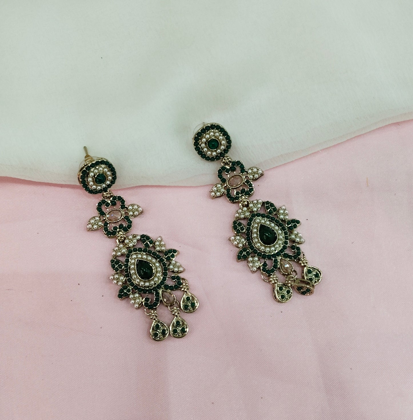 Green Antique Gold Bollywood Indian Earrings Nahar Set