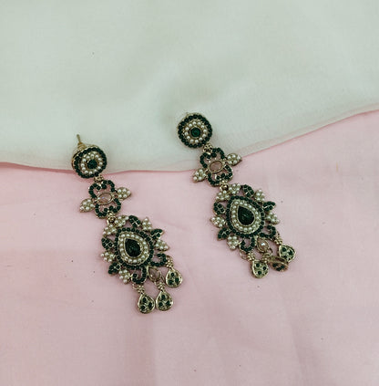 Green Antique Gold Bollywood Indian Earrings Nahar Set