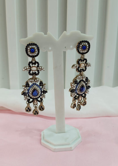 Blue Antique Gold Bollywood Indian Earrings Nahar Set