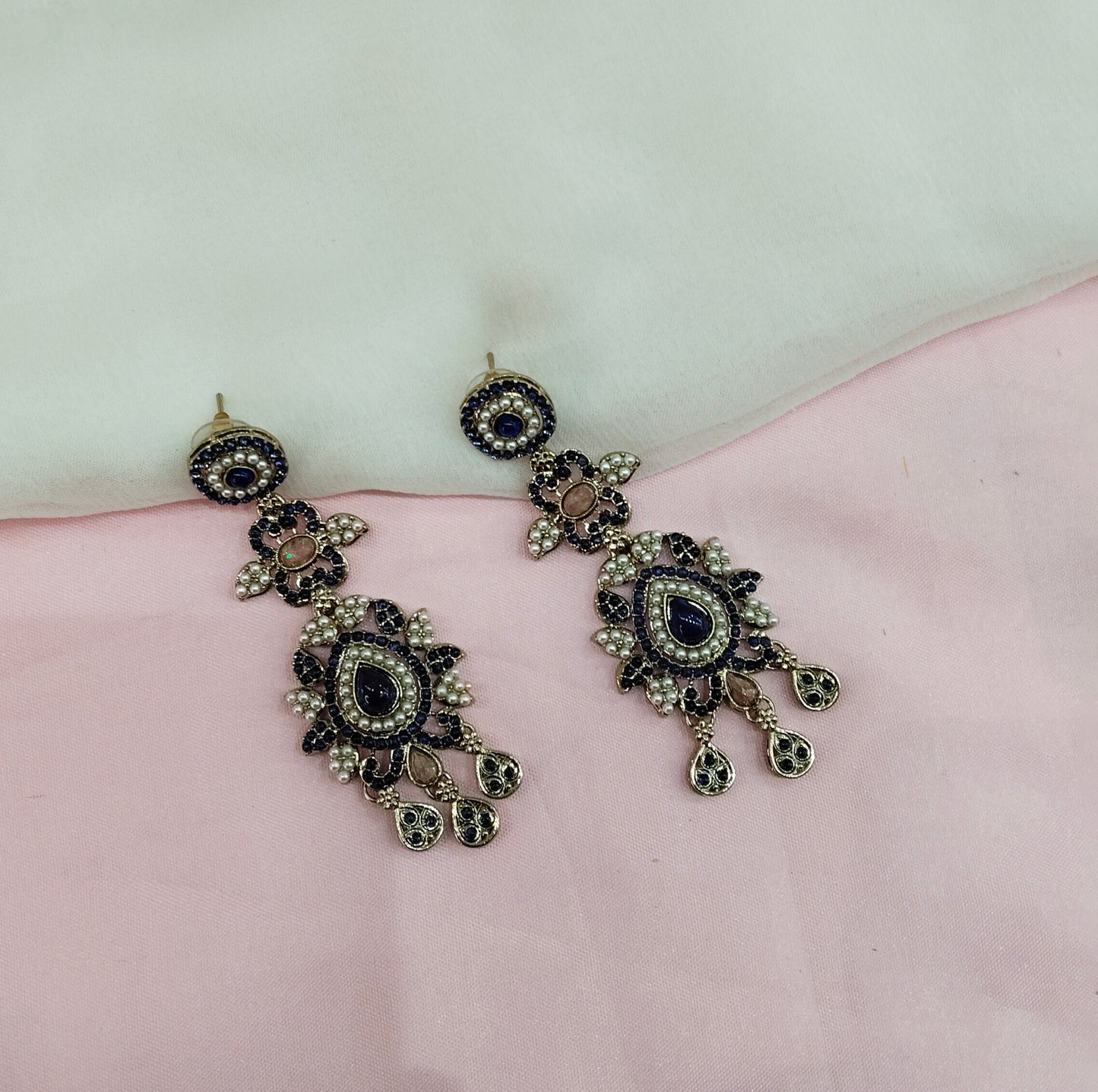 Blue Antique Gold Bollywood Indian Earrings Nahar Set