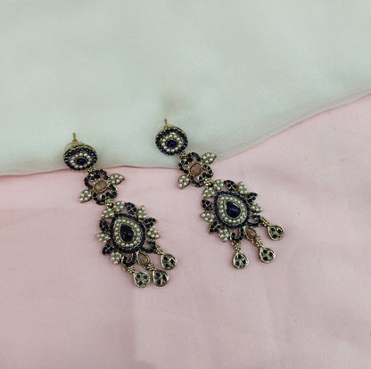 Blue Antique Gold Bollywood Indian Earrings Nahar Set