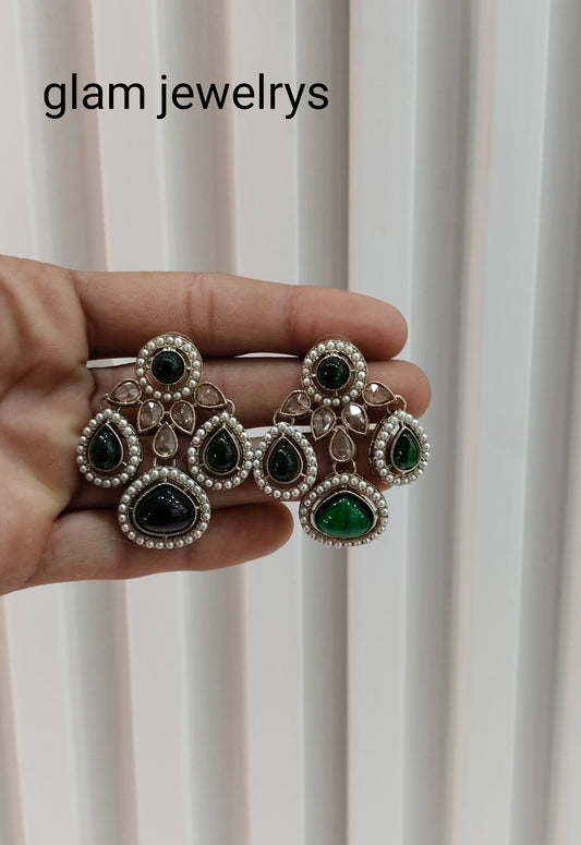 Green Antique Gold Bollywood Indian Earrings Global Set