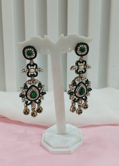 Green Antique Gold Bollywood Indian Earrings Nahar Set