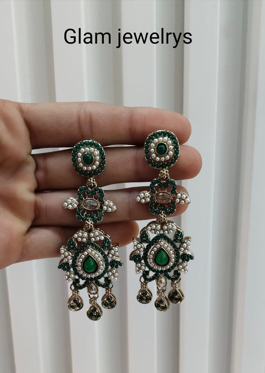 Green Antique Gold Bollywood Indian Earrings Nahar Set