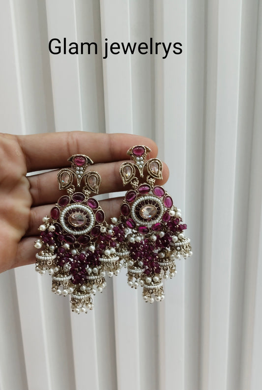 Purple Antique Gold Bollywood Indian Earrings pari Set