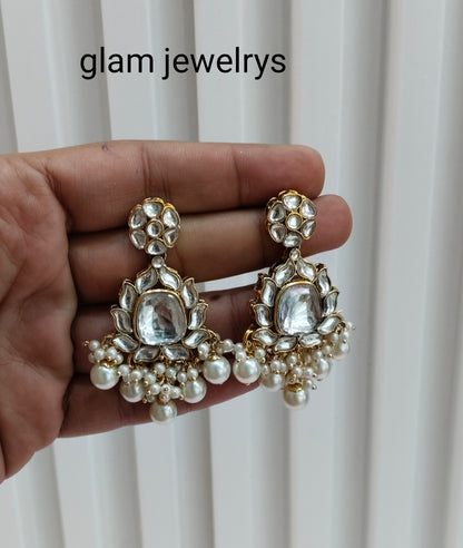 White Antique Gold Kundan Bollywood Indian Earrings Reet Set