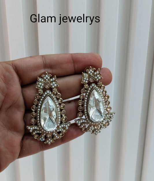 White Antique Gold Bollywood Indian Earrings Tokyo Set
