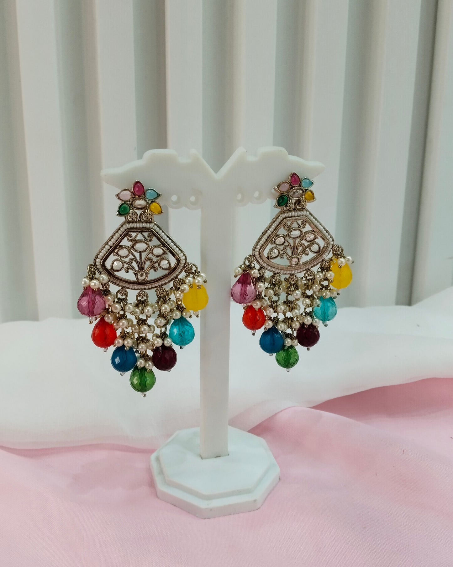 Multi Color Gold  Champagne Stone Bollywood Indian Earrings Tokyo Set